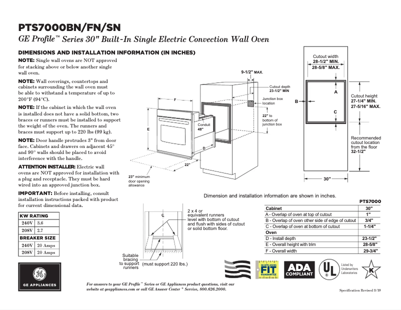 Page 1 de la notice Fiche technique GE Profile PTS7000FNDS
