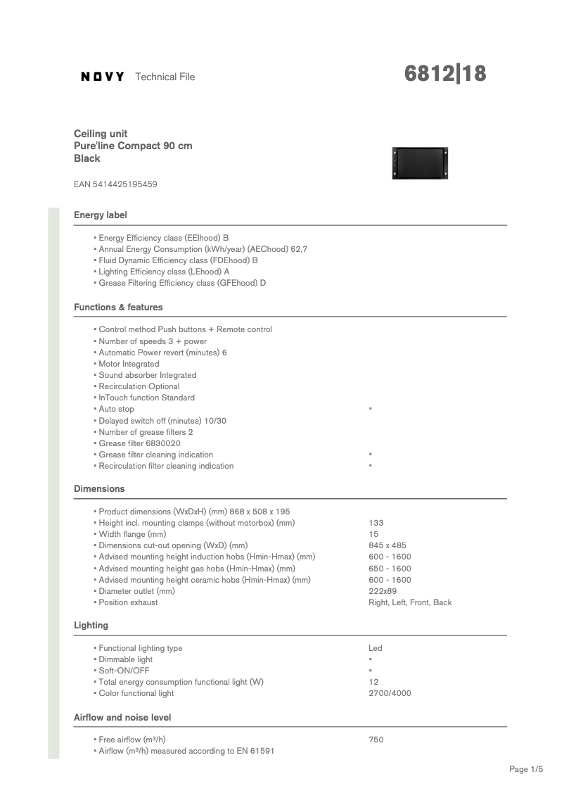 Page 1 de la notice Fiche technique Novy Pureline Compact 6812