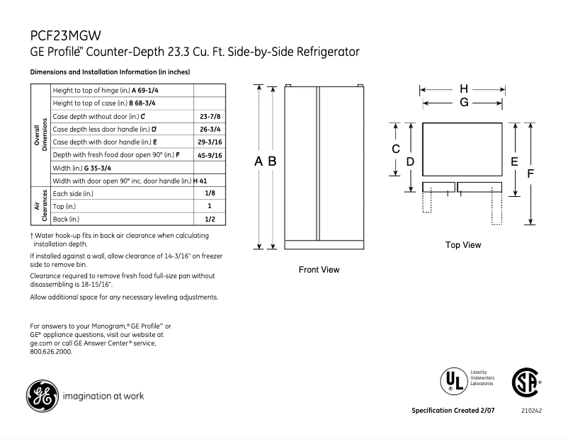 Page n°1 - Fiche technique GE PCF23MGWCC