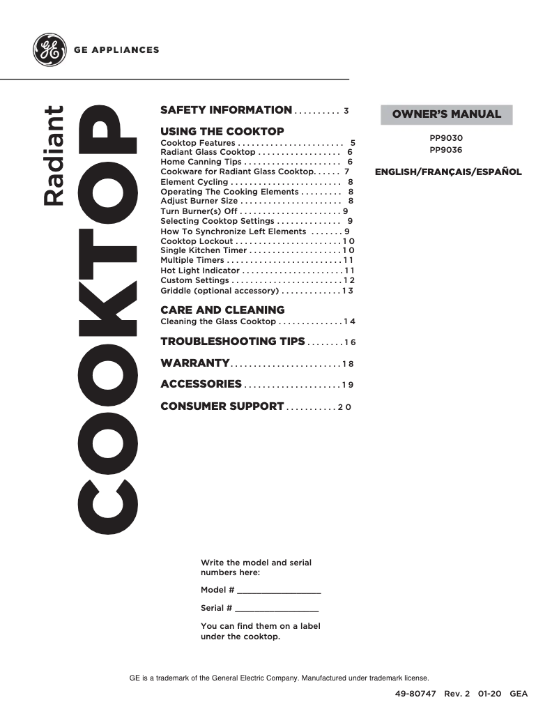 First page image of the manual for Profile PP9036SJSS