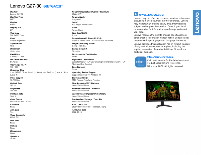 Page n°1 - Fiche technique Lenovo G27-30