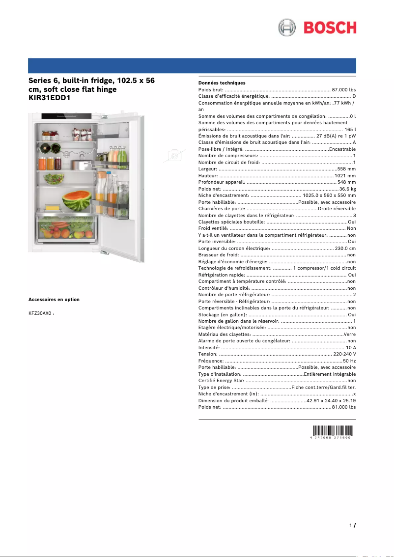 Page 1 of the manual Technical Sheet Bosch KIR31EDD1