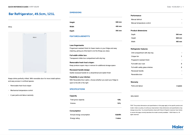 Page 1 de la notice Informations de garantie Haier HRF130UW
