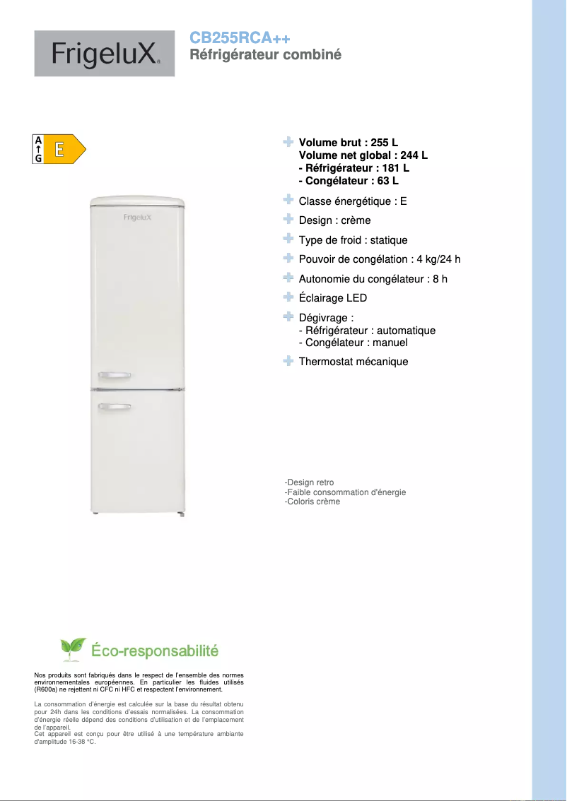 Page n°1 - Fiche technique FrigeluX CB255RCA++