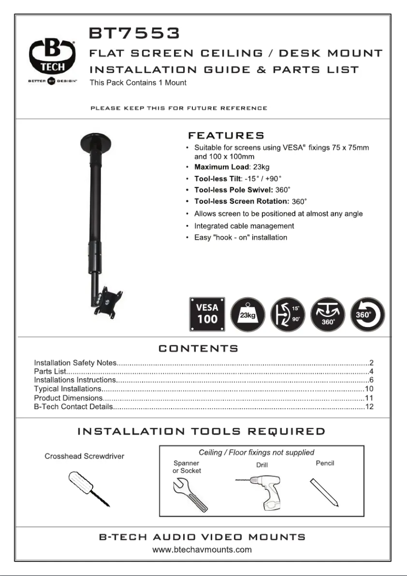 Page 1 de la notice Manuel utilisateur B-Tech BT7553