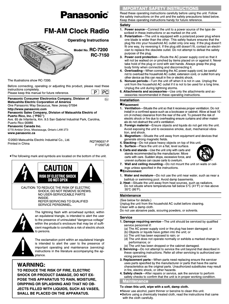 Página 1 del manual Manual de usuario Panasonic RC-7200