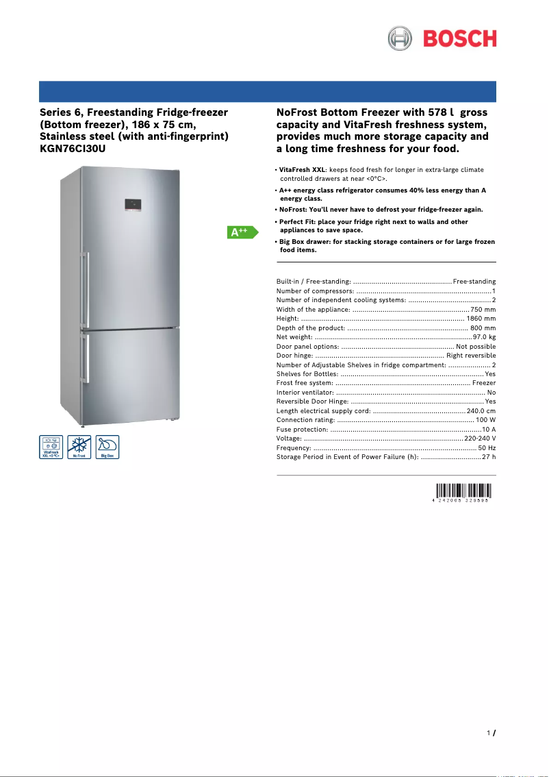 Página 1 del manual Ficha técnica Bosch KGN76CI30U