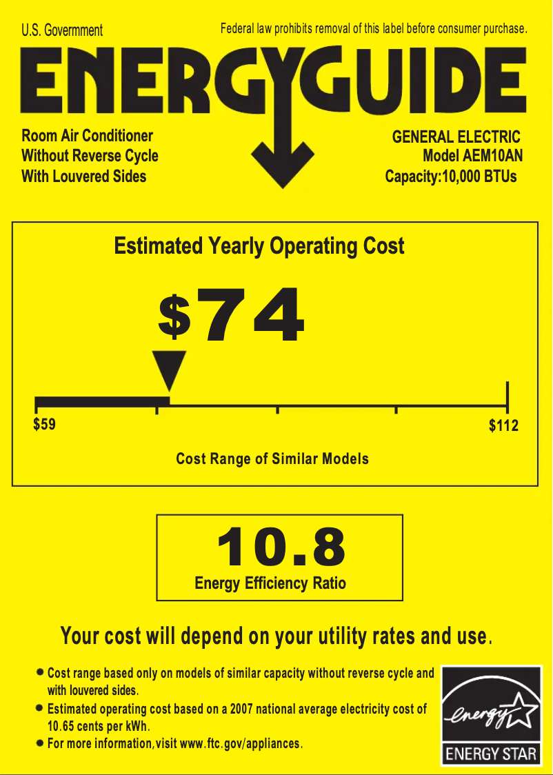 Page 1 de la notice Label énergétique GE AEM10AN