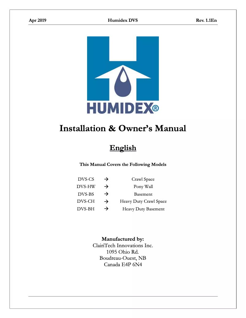 Page 1 de la notice Manuel utilisateur Humidex DVS-CH