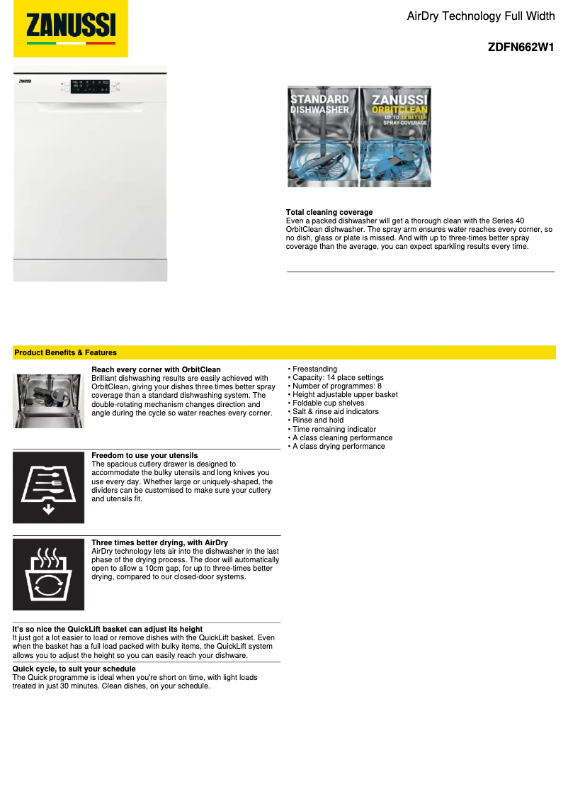 Page 1 de la notice Fiche technique Zanussi ZDFN662W1