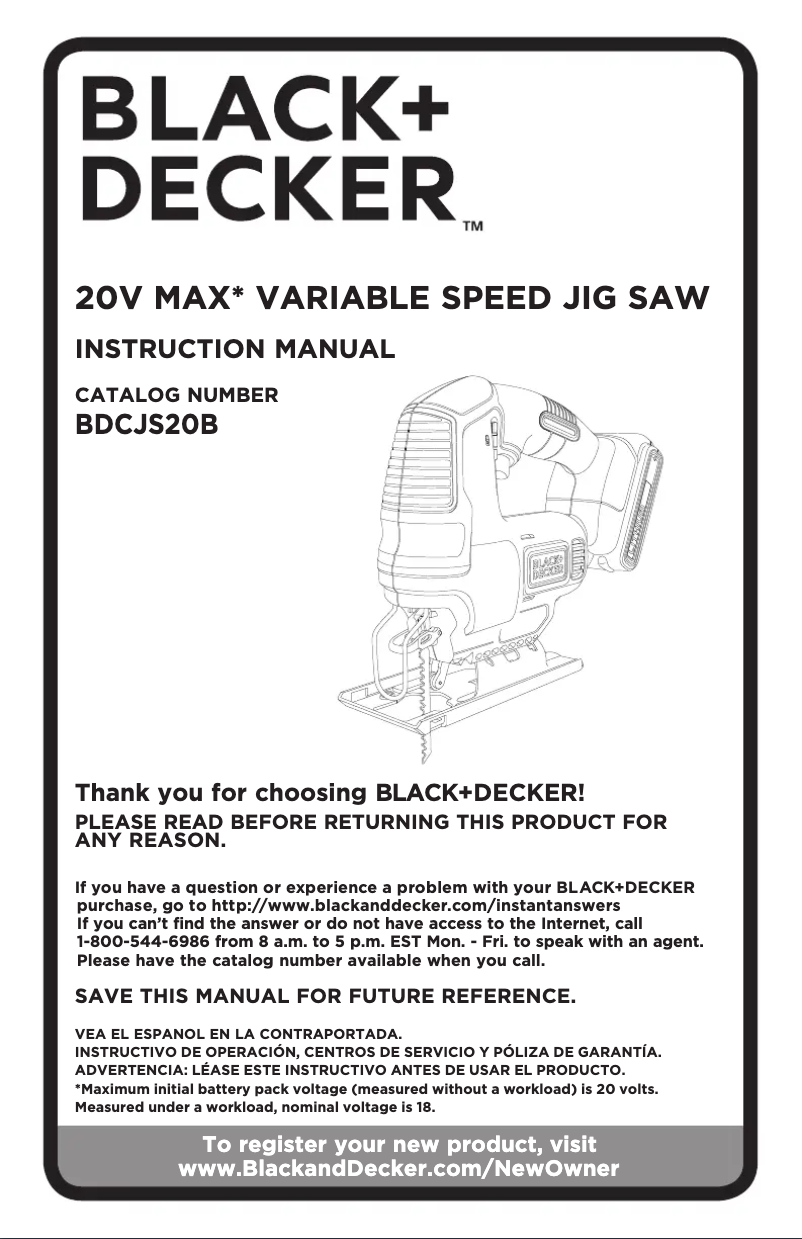 Page 1 de la notice Manuel utilisateur Black & Decker BDCJS20B