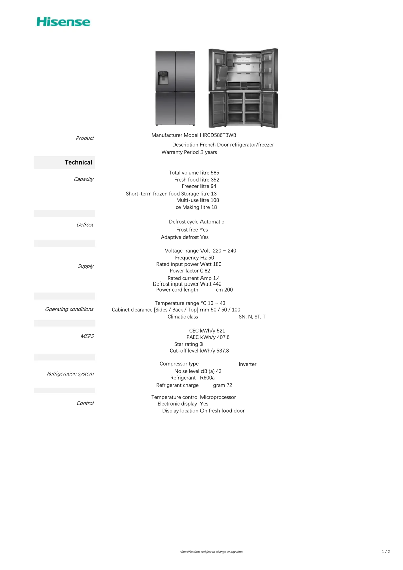 Page 1 de la notice Fiche technique Hisense HRCD586TBWB