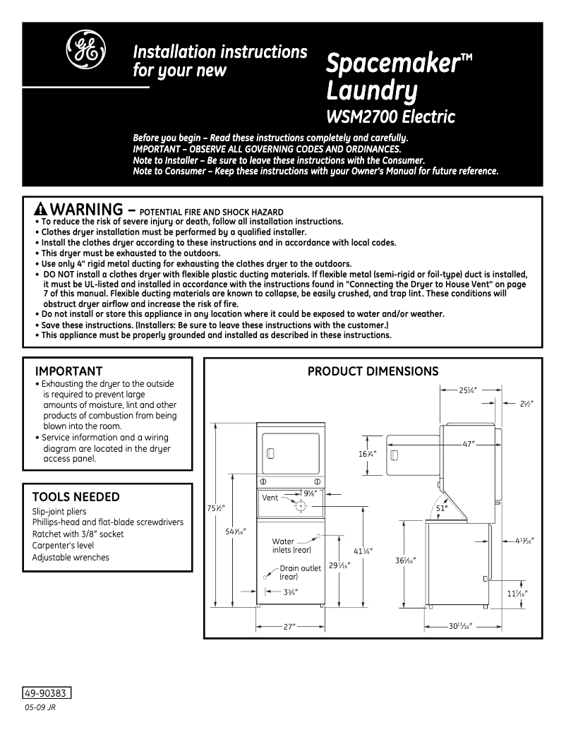 Page n°1 - Guide d'installation GE Spacemaker WSM2700WWW