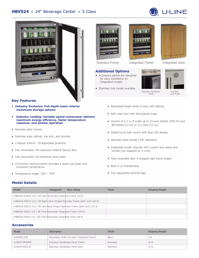 Page 1 de la notice Fiche technique U-Line UHBV524-SG01A