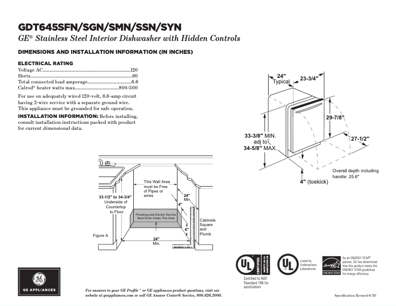 Page 1 de la notice Fiche technique GE GDT645SMNES