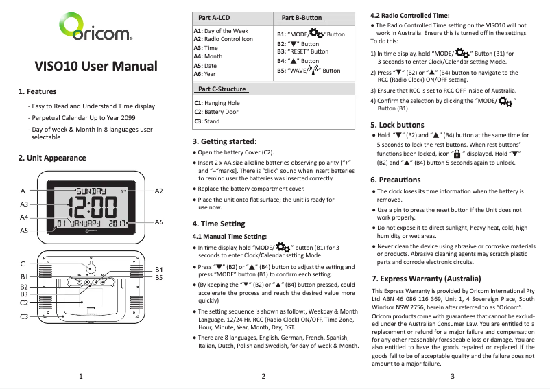 Page n°1 - Manuel utilisateur Oricom VISO10