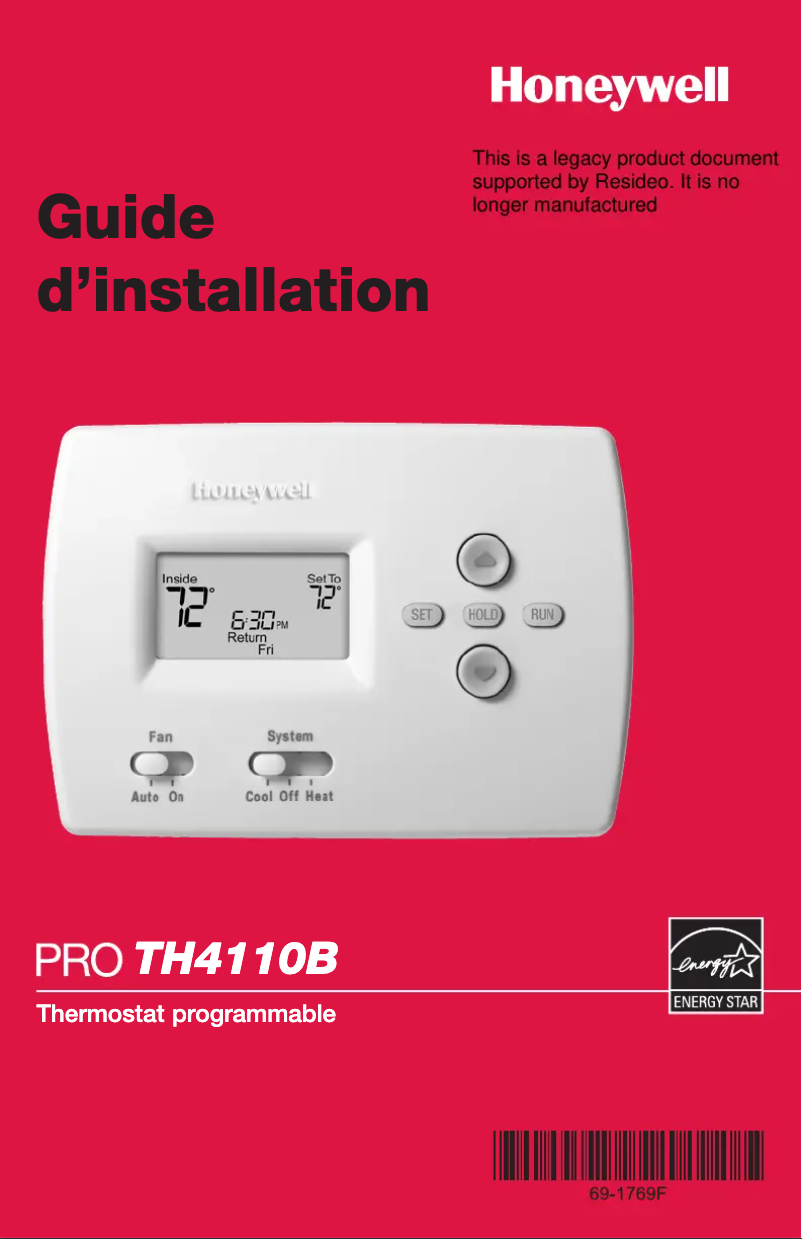 Page 1 de la notice Guide d'installation Honeywell TH4110B1017/U