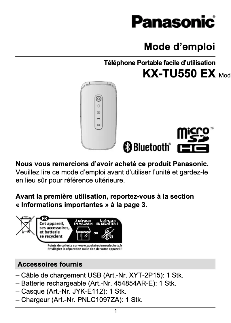Image de la première page du manuel de l'appareil KX-TU550