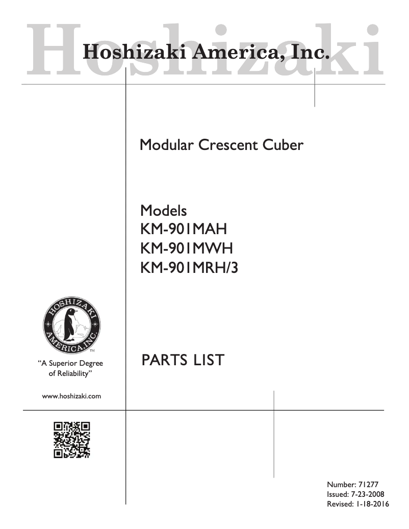Page 1 de la notice Manuel utilisateur Hoshizaki KM-901MWH