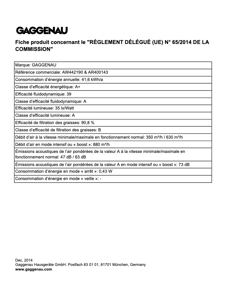 Page 1 de la notice Fiche technique Gaggenau AW442190