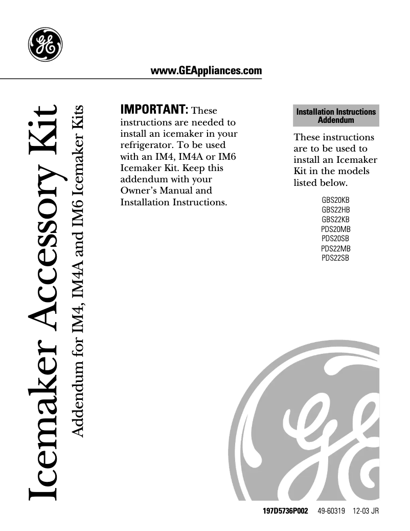 Page n°1 - Guide d'installation GE Profile PDS22SBPLSS