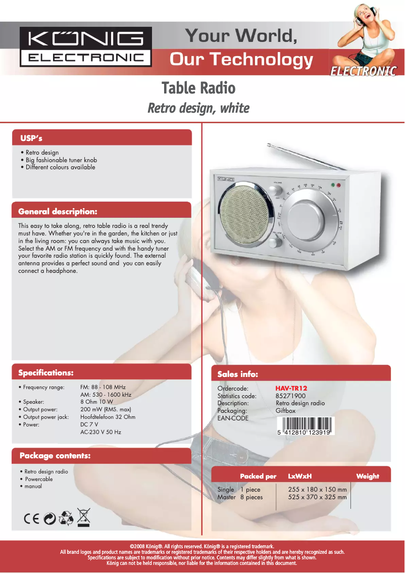 Page 1 de la notice Fiche technique Konig HAV-TR12