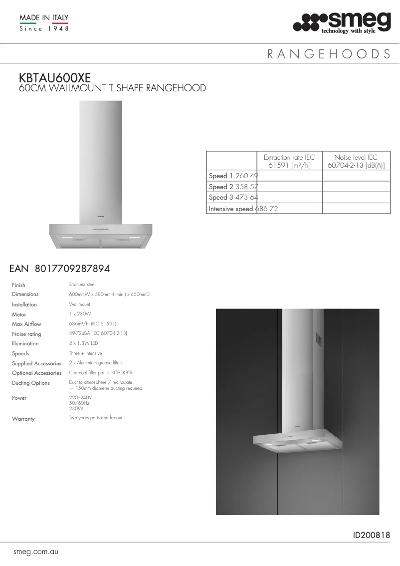 Page 1 de la notice Fiche technique Smeg KBTAU600XE