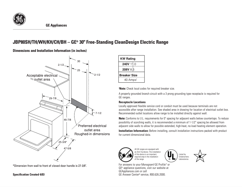 Page n°1 - Fiche technique GE JBP80WHWW