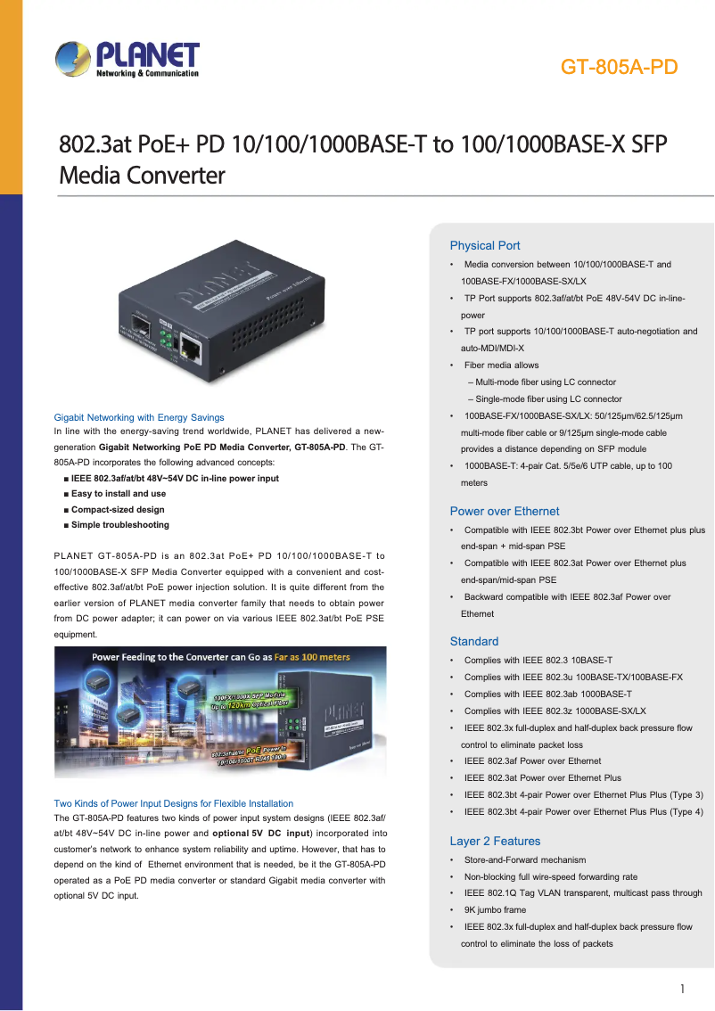 Page 1 de la notice Fiche technique Planet GT-805A-PD