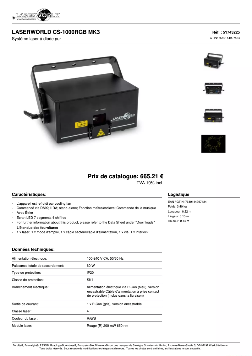 Page 1 de la notice Fiche technique Laserworld CS-1000RGB MK3