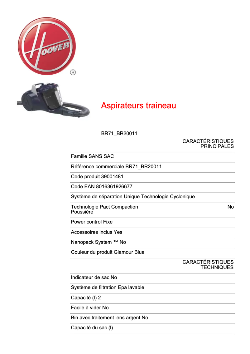 Page 1 de la notice Fiche technique Hoover BR71_BR20011