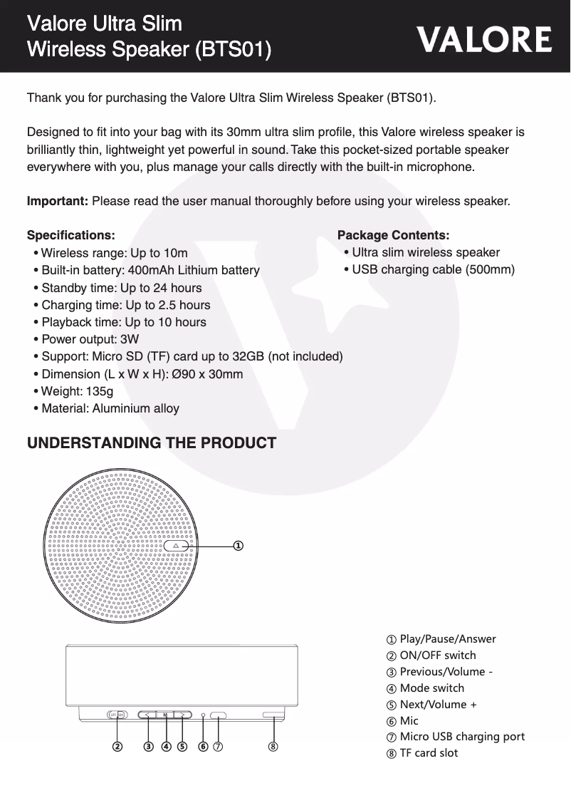Page 1 de la notice Manuel utilisateur Valore BTS01