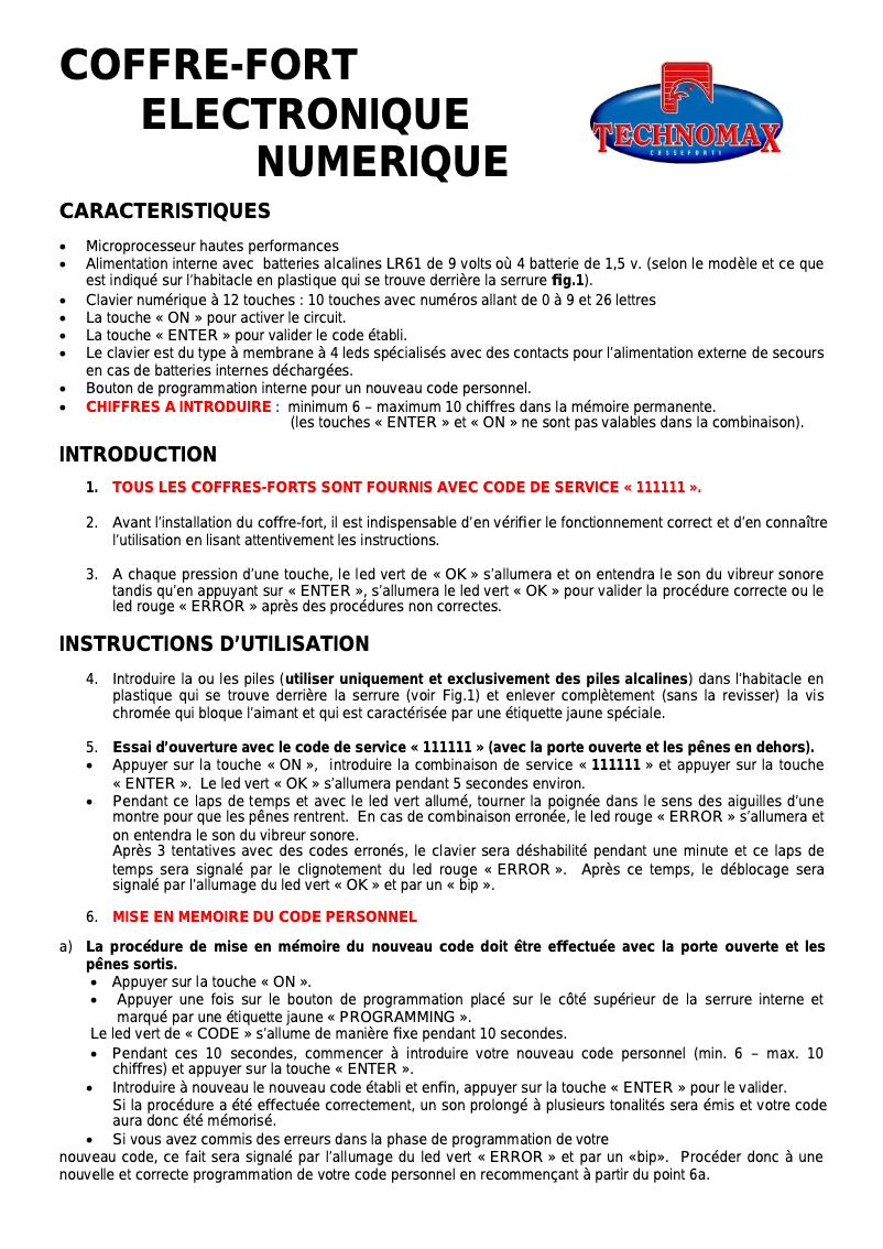 Page n°1 - Manuel utilisateur Technomax GT