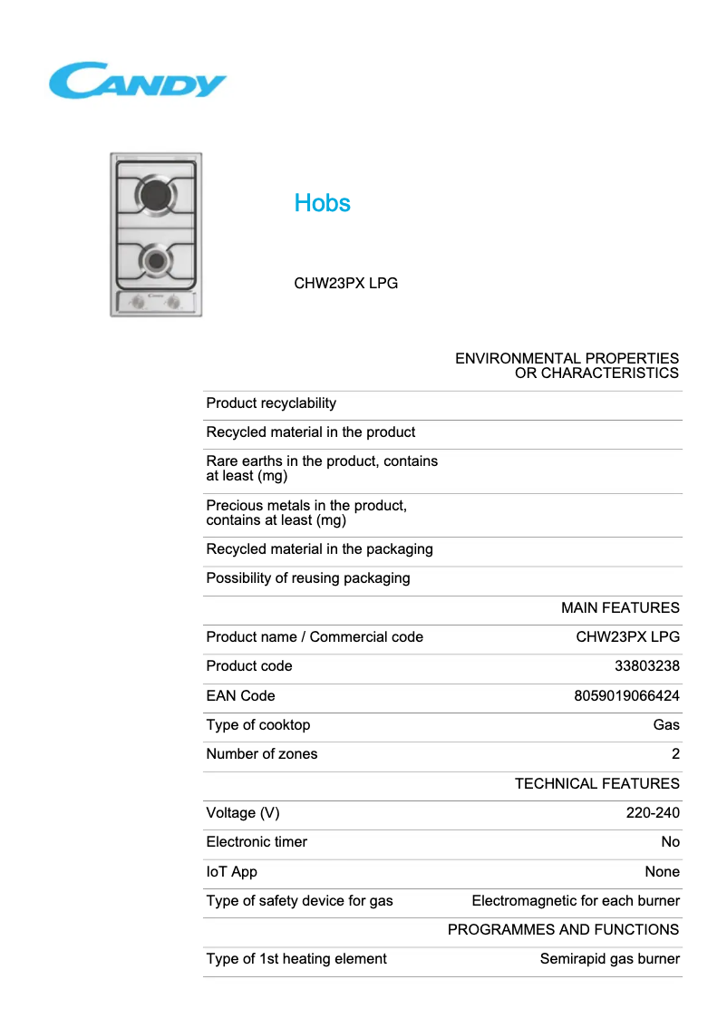 Page 1 de la notice Fiche technique Candy CHW23PX LPG