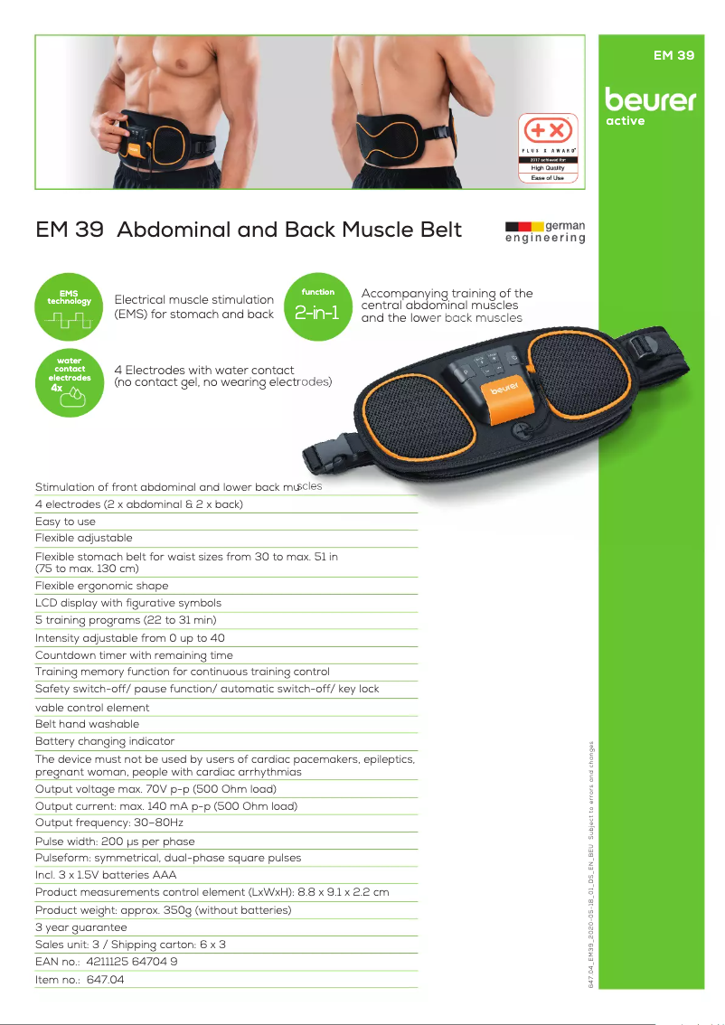 Page 1 de la notice Fiche technique Beurer EM 39