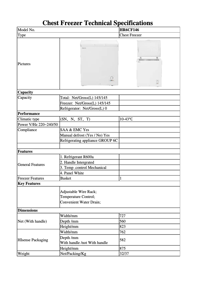 Page 1 of the manual Technical Sheet Hisense HR6CF146