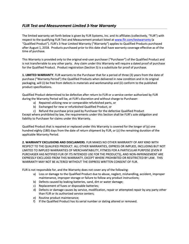 Page 1 de la notice Informations de garantie FLIR DM66