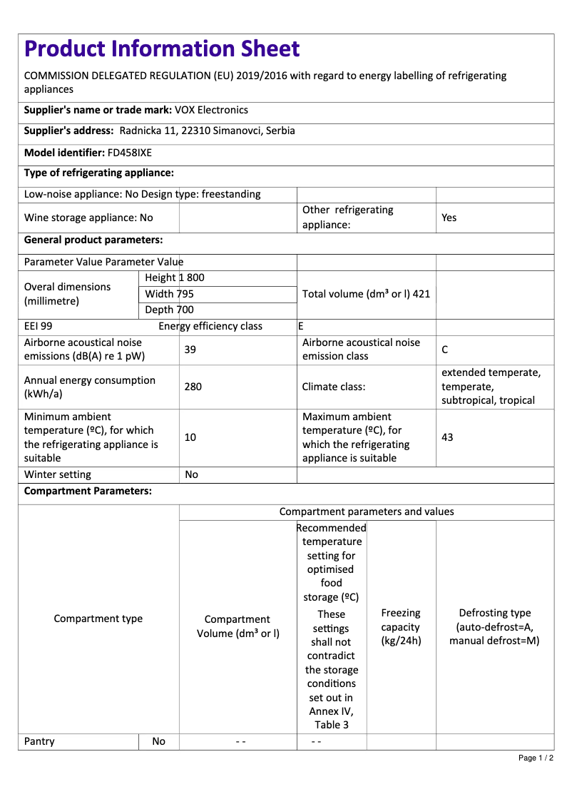Página 1 del manual Ficha técnica VOX FD458IXE