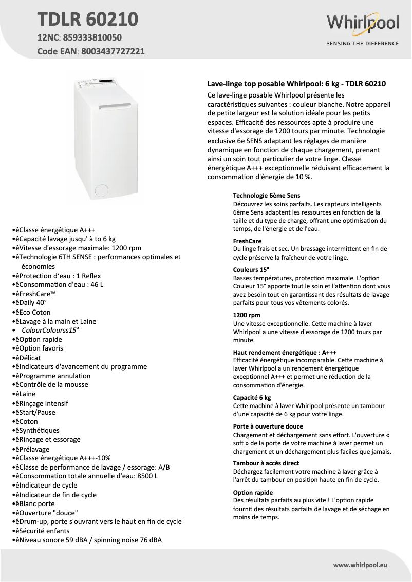 Page 1 de la notice Fiche technique Whirlpool TDLR 60210
