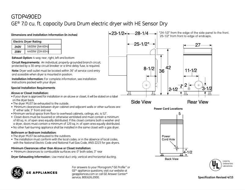 Page 1 de la notice Fiche technique GE GTDP490EDWS
