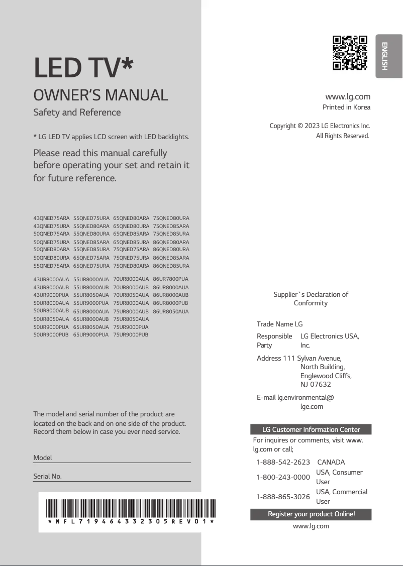 Page 1 de la notice Manuel utilisateur LG 43QNED75URA