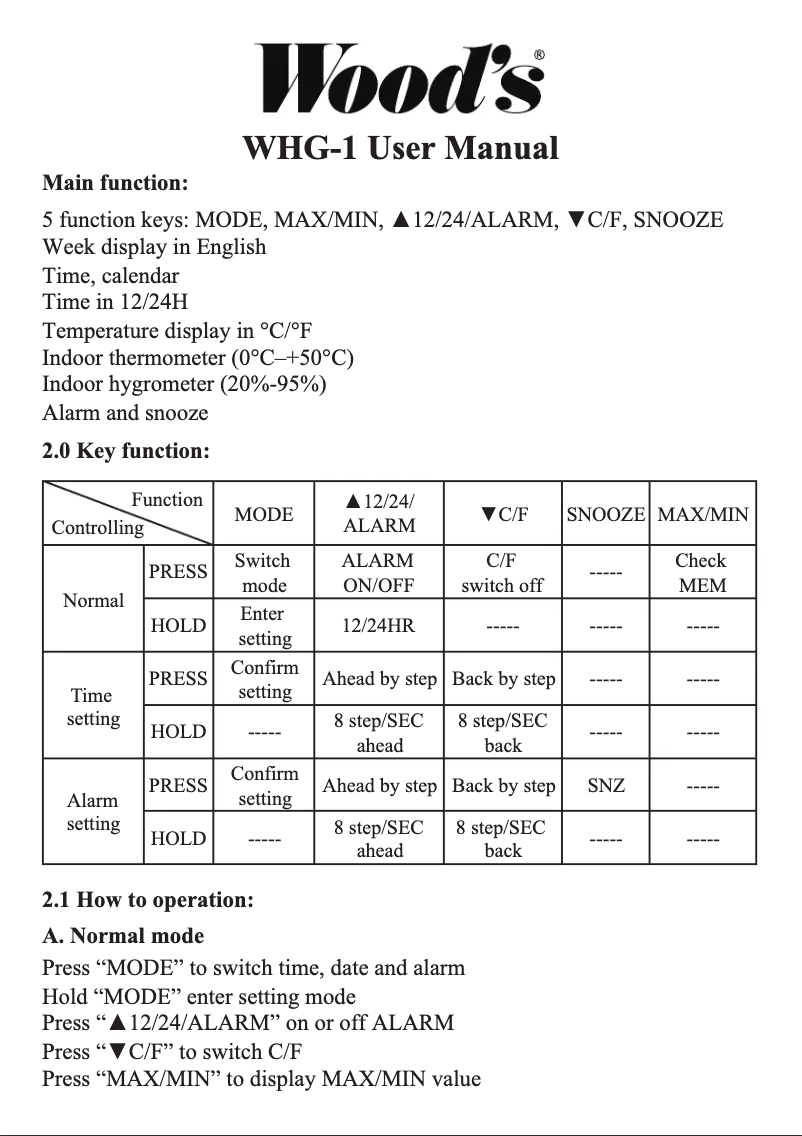 Page 1 de la notice Manuel utilisateur Wood's WHG-1