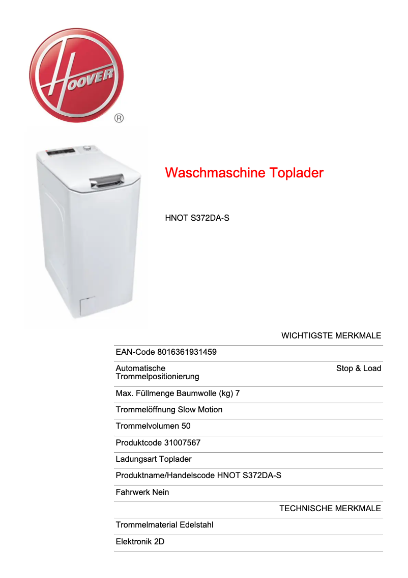 Page 1 de la notice Fiche technique Hoover DYNAMIC NEXT HNOT S372DA-S
