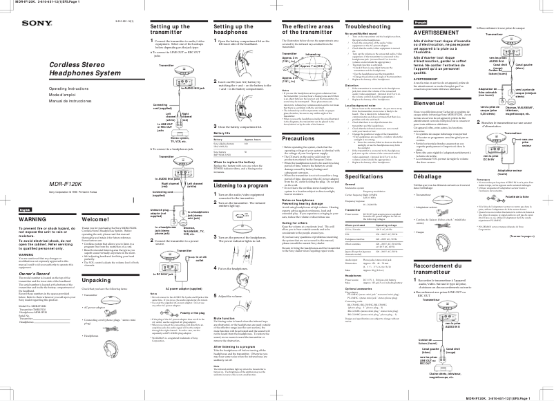 Page 1 de la notice Manuel utilisateur Sony MDR-IF120K