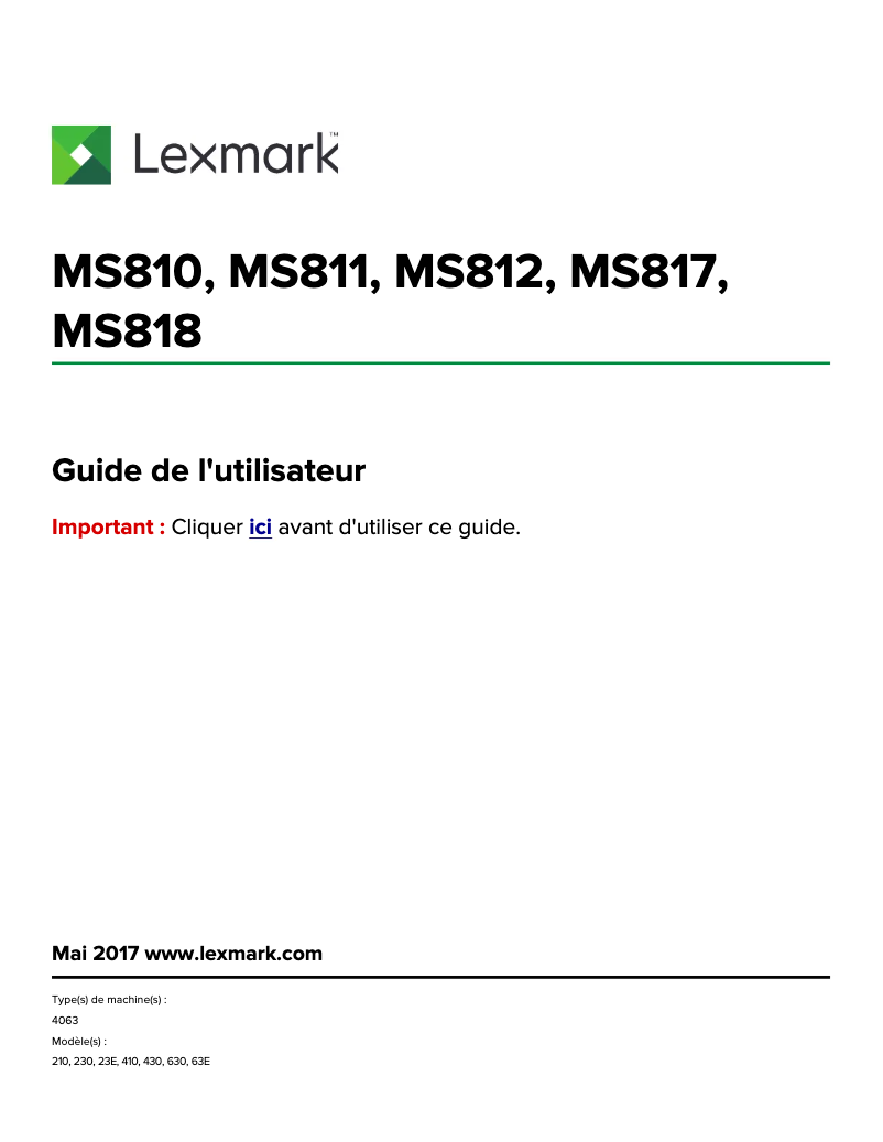 Page 1 de la notice Manuel utilisateur Lexmark MS812