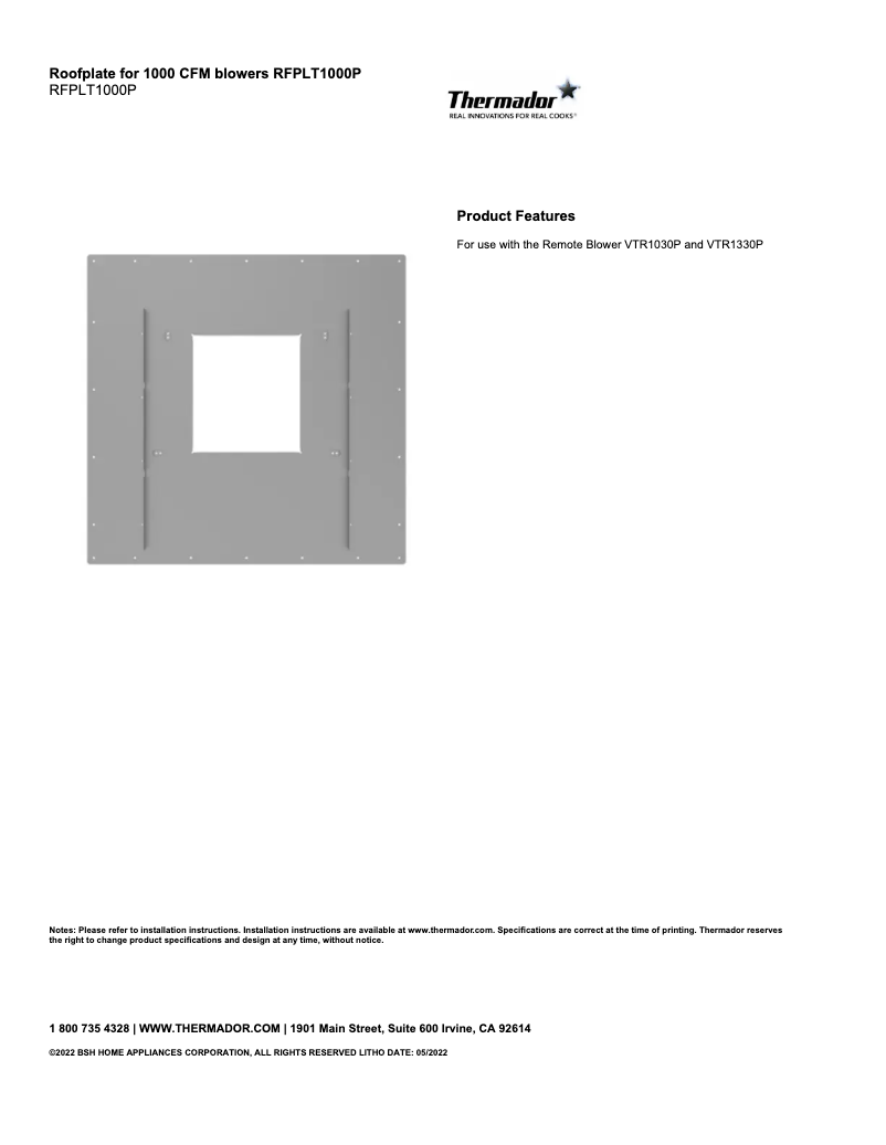 Page 1 de la notice Fiche technique Thermador RFPLT1000P