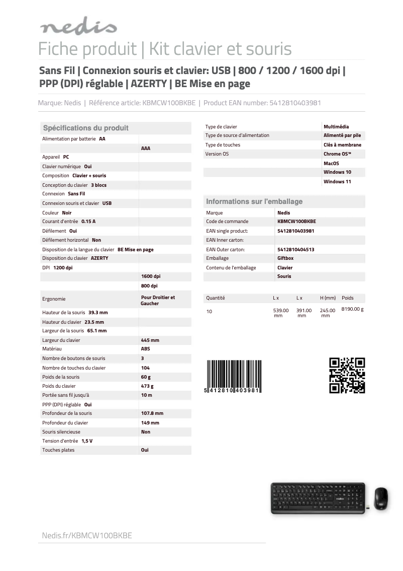 Page 1 de la notice Fiche technique Nedis KBMCW100BKBE