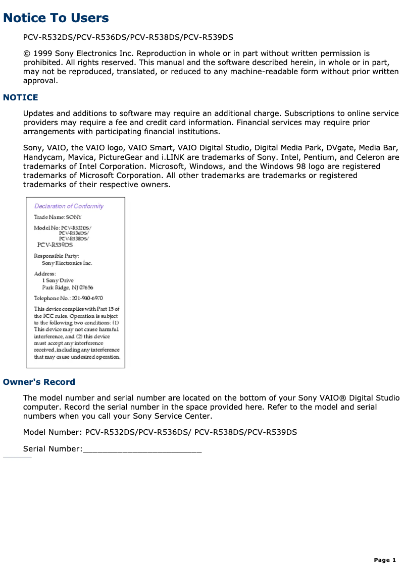 Página 1 del manual Manual de usuario Sony Vaio PCV-R538DS