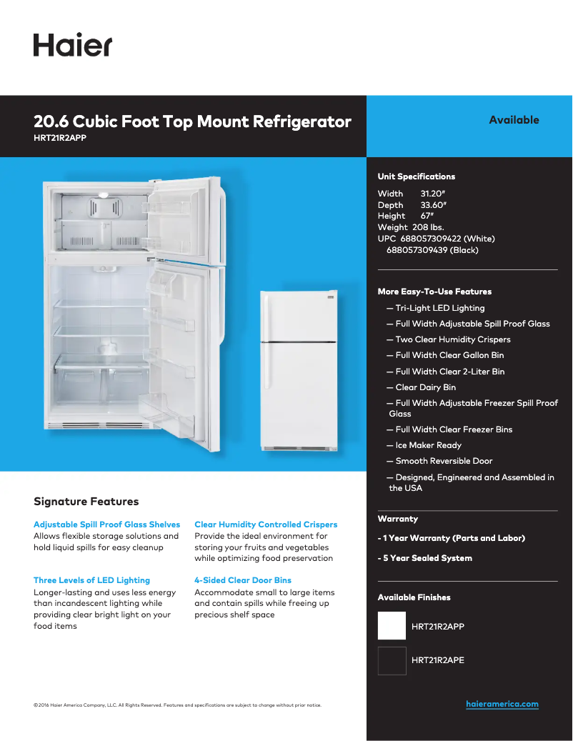 Page 1 of the manual Technical Sheet Haier HRT21R2APE