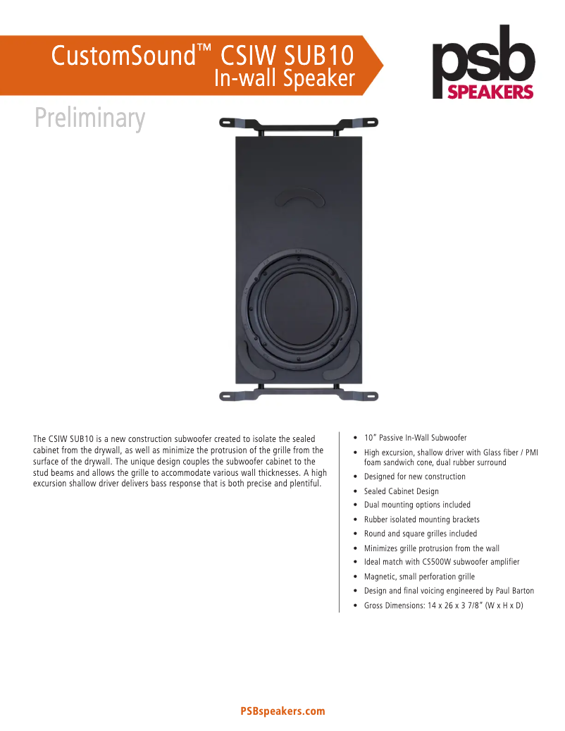 Page 1 of the manual Technical Sheet PSB CSIW SUB10